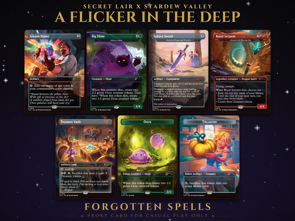 Secret Lair x Stardew Valley A Flicker in the Deep MTG proxy set, 7 cards including 2 tokens