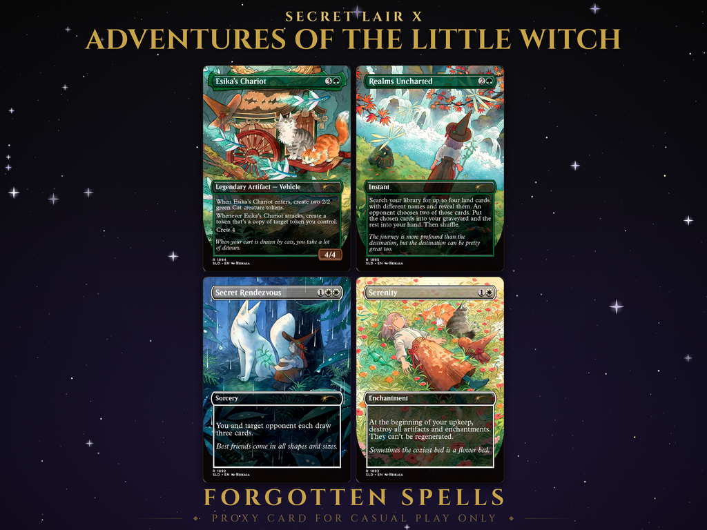 Secret Lair Adventures of the Little Witch MTG proxy set, 4 watercolor cards by Heikala