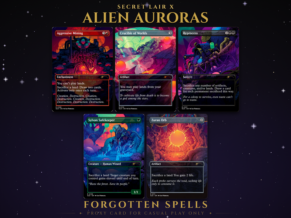 Secret Lair Alien Auroras MTG proxy set, 5 neon sci-fi cards by Ian Permana