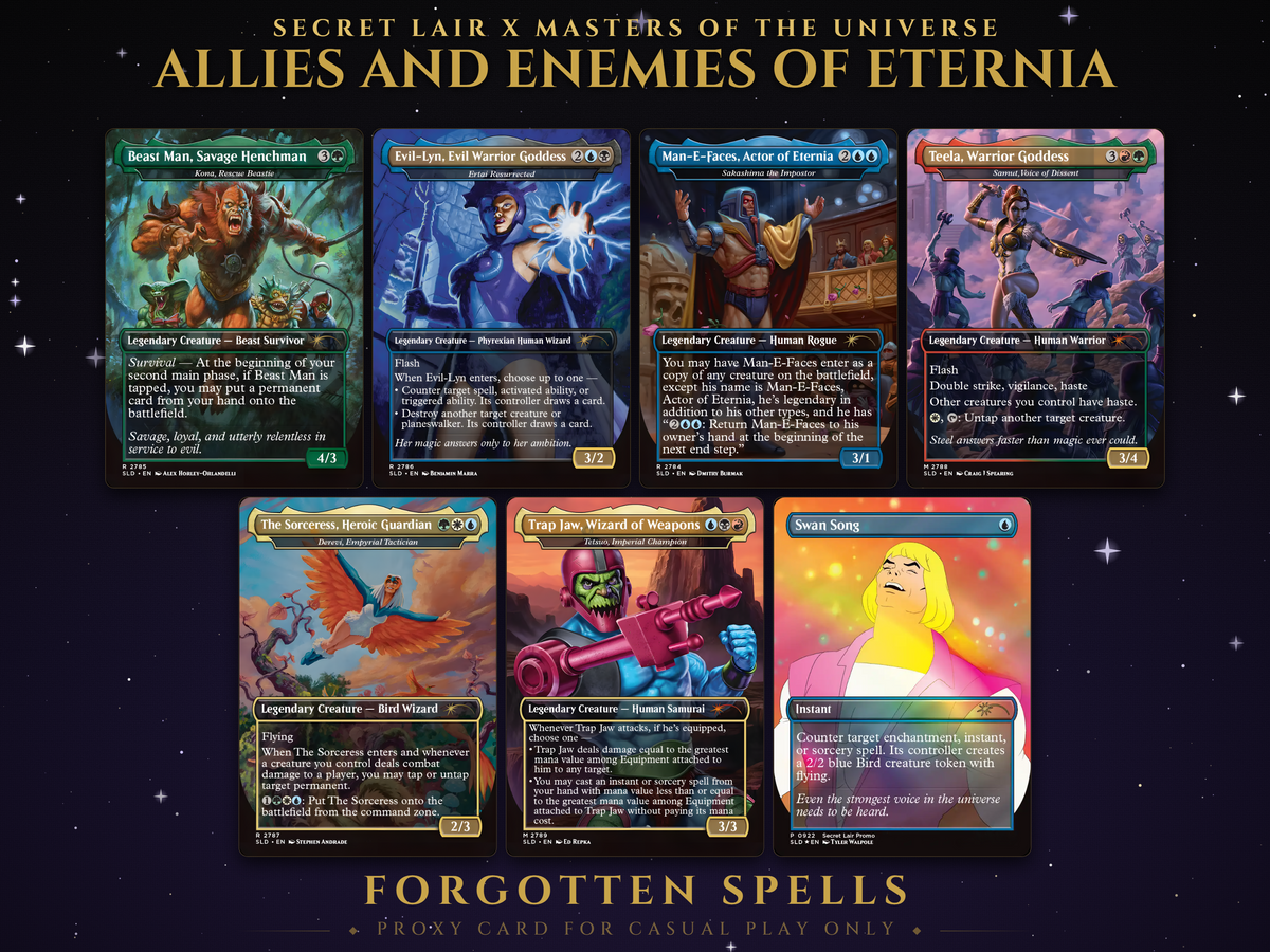 Secret Lair x Masters of the Universe Allies and Enemies of Eternia MTG proxy set of 7 cards: Beast Man, Evil-Lyn, Man-E-Faces, Teela, The Sorceress, Trap Jaw and Swan Song