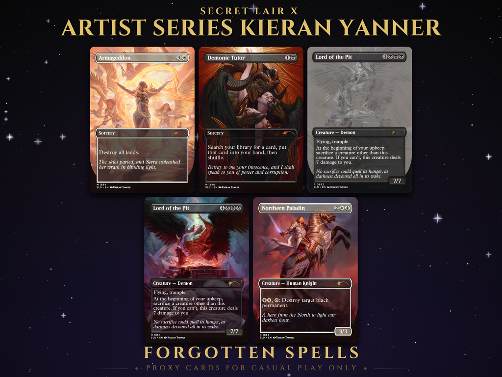 Secret Lair Artist Series Kieran Yanner MTG proxy set of five borderless fantasy painting cards: Armageddon, Demonic Tutor, Lord of the Pit in sketch and painted versions, and Northern Paladin