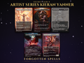 Secret Lair Artist Series Kieran Yanner MTG proxy set of five borderless fantasy painting cards: Armageddon, Demonic Tutor, Lord of the Pit in sketch and painted versions, and Northern Paladin