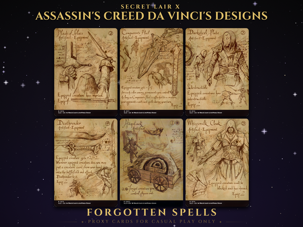 Secret Lair x Assassin's Creed Da Vinci's Designs MTG proxy set of six borderless parchment sketch artifact cards: Blade of Selves, Conqueror's Flail, Darksteel Plate, Deathrender, Haystack and Whispersilk Cloak