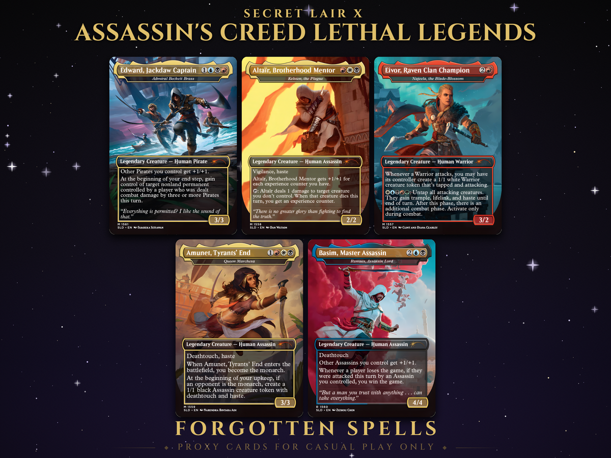 Secret Lair x Assassin's Creed Lethal Legends MTG proxy set of five borderless legendary creature cards: Edward, Altaïr, Eivor, Amunet and Basim