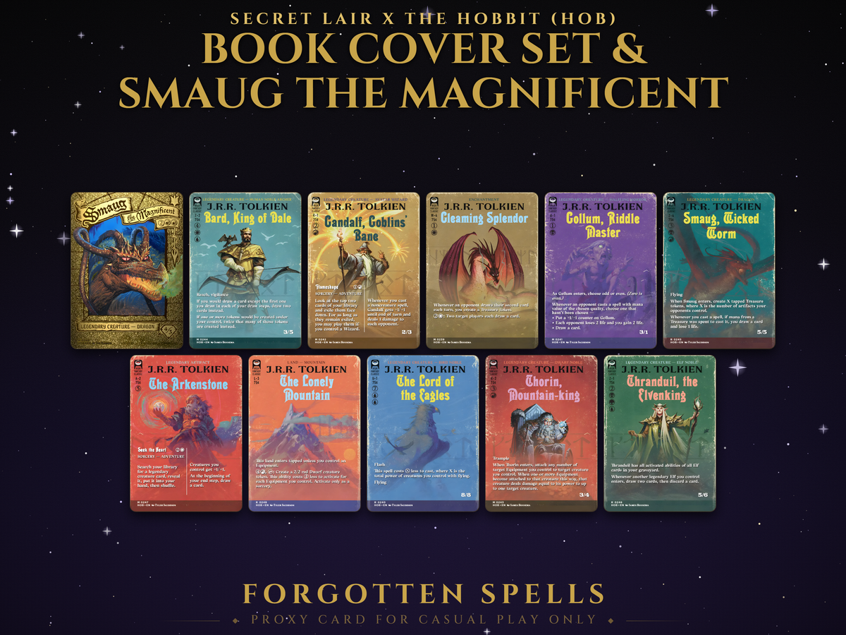 Secret Lair x The Hobbit Book Cover Set and Smaug the Magnificent MTG proxy set, 11 cards