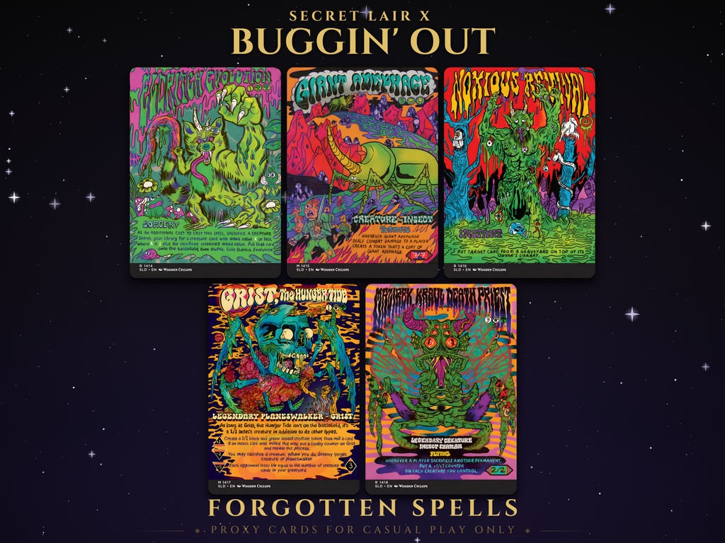 Secret Lair Buggin' Out MTG proxy set of five psychedelic insect cards: Eldritch Evolution, Giant Adephage, Noxious Revival, Grist the Hunger Tide and Mazirek Kraul Death Priest