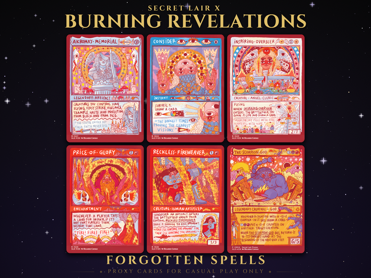 Secret Lair Burning Revelations MTG proxy set of six hand-drawn folk art cards with red borders: Akroma's Memorial, Consider, Inspiring Overseer, Price of Glory, Reckless Fireweaver and The Scorpion God