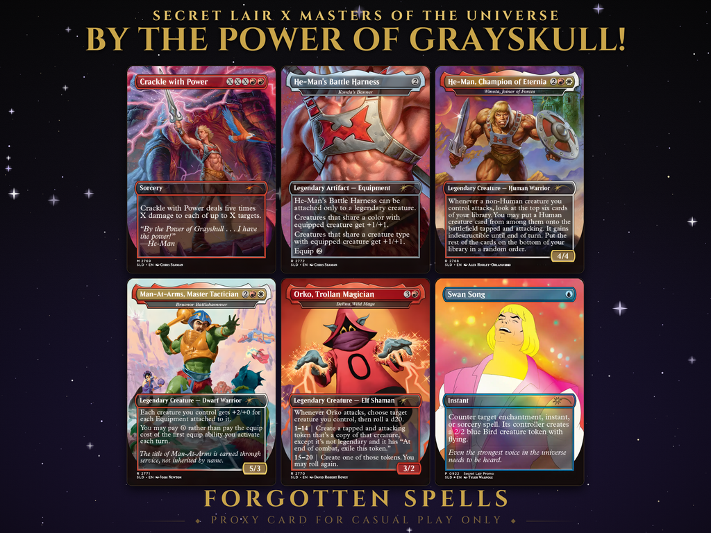 Secret Lair x Masters of the Universe By the Power of Grayskull MTG proxy set of six cards: Crackle with Power, He-Man's Battle Harness, He-Man Champion of Eternia, Man-At-Arms, Orko and Swan Song