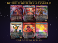 Secret Lair x Masters of the Universe By the Power of Grayskull MTG proxy set of six cards: Crackle with Power, He-Man's Battle Harness, He-Man Champion of Eternia, Man-At-Arms, Orko and Swan Song