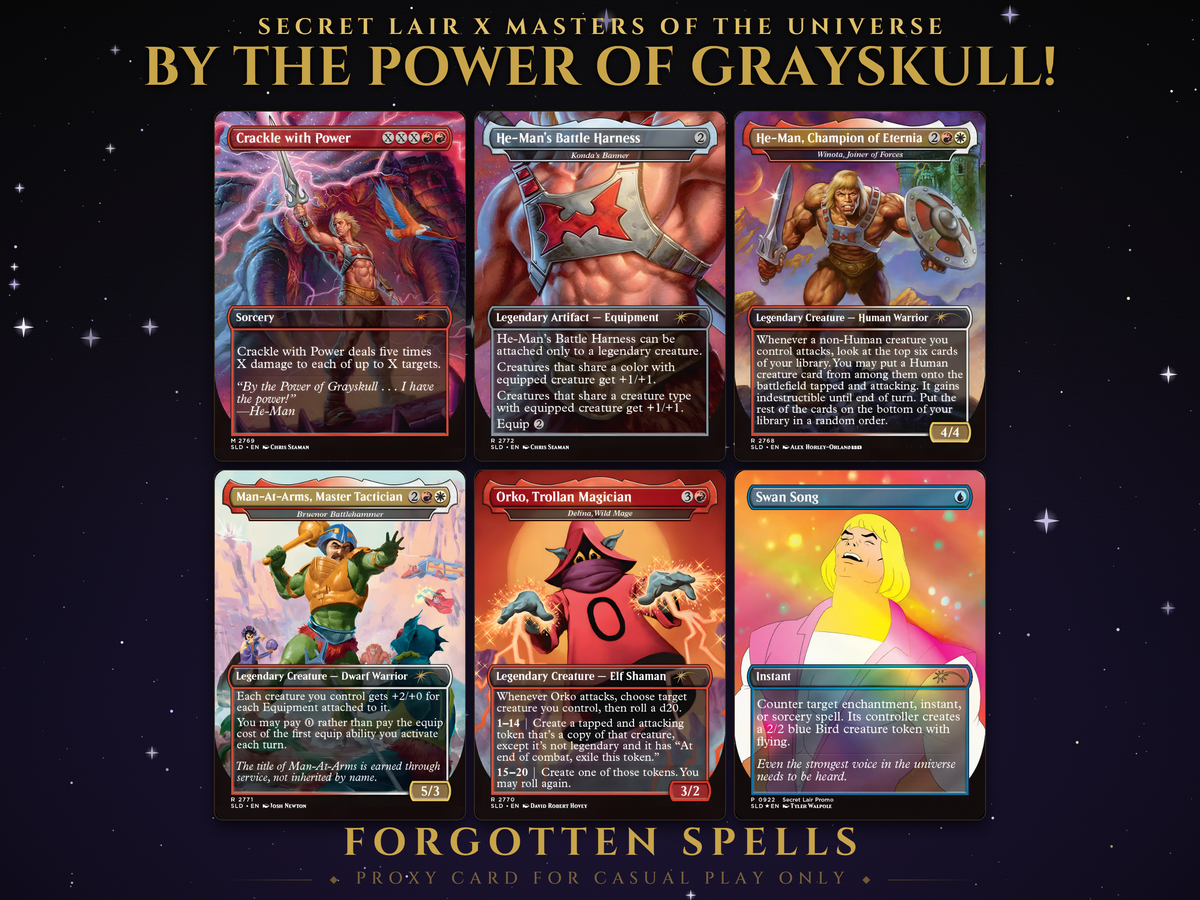 Secret Lair x Masters of the Universe By the Power of Grayskull MTG proxy set of six cards: Crackle with Power, He-Man's Battle Harness, He-Man Champion of Eternia, Man-At-Arms, Orko and Swan Song