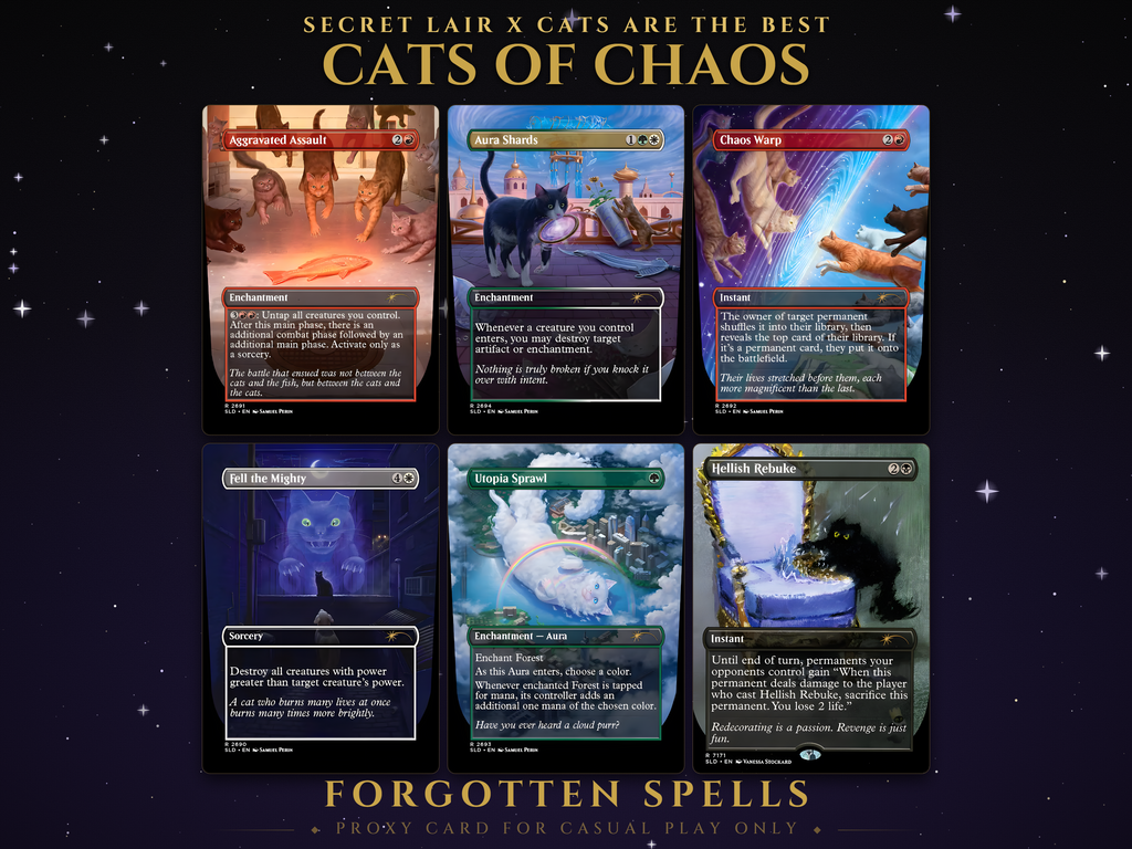 Secret Lair x Cats are the Best: Cats of Chaos MTG proxy set, 5 cards