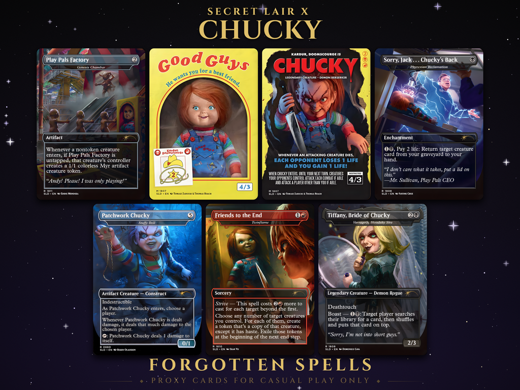 Secret Lair x Chucky MTG proxy set of seven borderless horror cards: Play Pals Factory, Good Guys box, Kardur Doomscourge Is Chucky, Sorry Jack Chucky's Back, Patchwork Chucky, Friends to the End and Tiffany Bride of Chucky