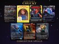 Secret Lair x Chucky MTG proxy set of seven borderless horror cards: Play Pals Factory, Good Guys box, Kardur Doomscourge Is Chucky, Sorry Jack Chucky's Back, Patchwork Chucky, Friends to the End and Tiffany Bride of Chucky