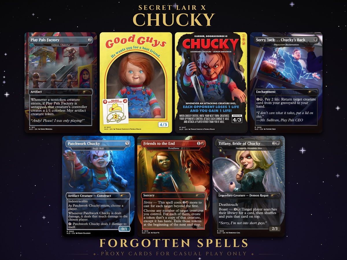 Secret Lair x Chucky MTG proxy set of seven borderless horror cards: Play Pals Factory, Good Guys box, Kardur Doomscourge Is Chucky, Sorry Jack Chucky's Back, Patchwork Chucky, Friends to the End and Tiffany Bride of Chucky