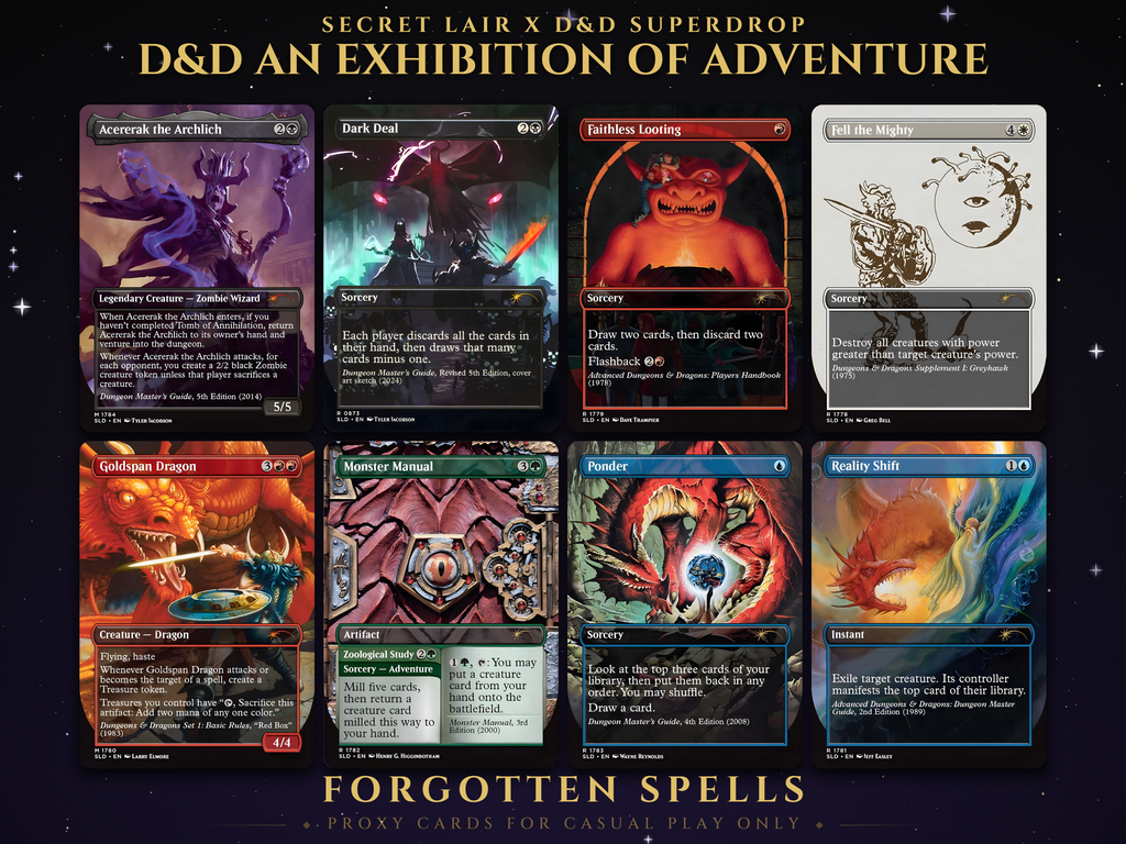 Secret Lair x D&D An Exhibition of Adventure MTG proxy set of eight borderless cards: Acererak the Archlich, Dark Deal, Faithless Looting, Fell the Mighty, Goldspan Dragon, Monster Manual, Ponder and Reality Shift