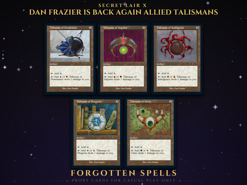 Secret Lair x Dan Frazier Is Back Again: Allied Talismans MTG proxy set, 5 cards