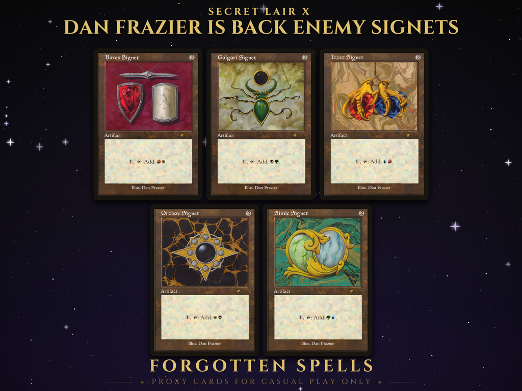 Secret Lair x Dan Frazier Is Back: Enemy Signets MTG proxy set, 5 cards