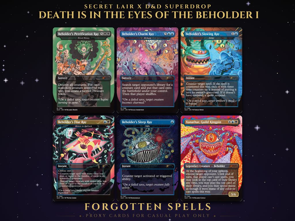 Secret Lair x D&D Death Is In The Eyes of the Beholder I MTG proxy set, 6 borderless Beholder cards