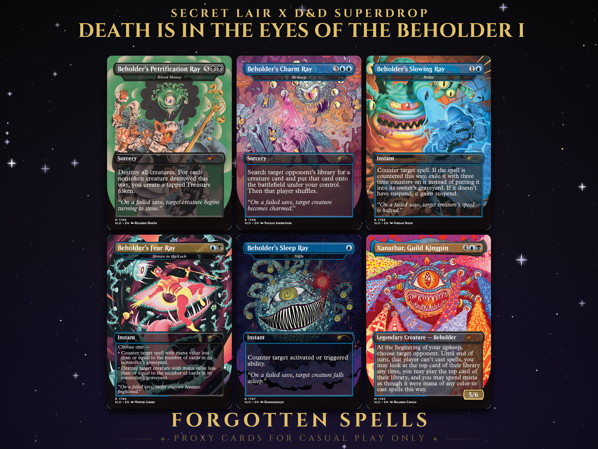 Secret Lair x D&D Death Is In The Eyes of the Beholder I MTG proxy set, 6 borderless Beholder cards