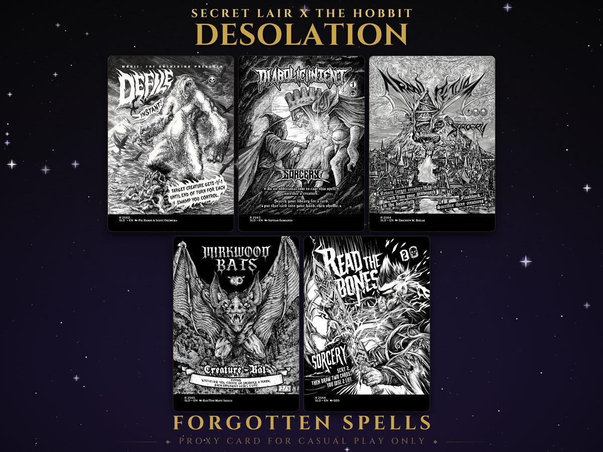 Secret Lair x The Hobbit Desolation MTG proxy set, 5 black and white metal album art cards