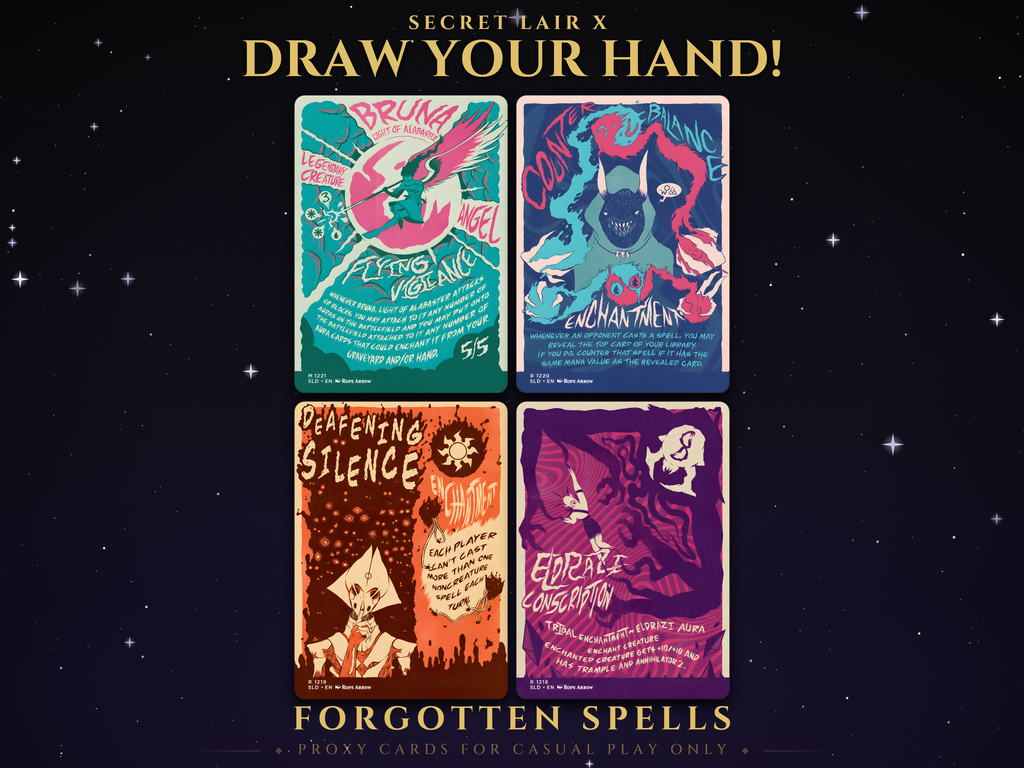 Secret Lair Draw Your Hand MTG proxy set of four borderless hand-drawn cards: Bruna Light of Alabaster, Counterbalance, Deafening Silence and Eldrazi Conscription