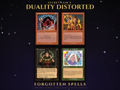 Secret Lair Duality Distorted MTG proxy set of four retro old-border cards: Desperate Ritual, Pyroblast, Thoughtseize and Tribute to the World Tree