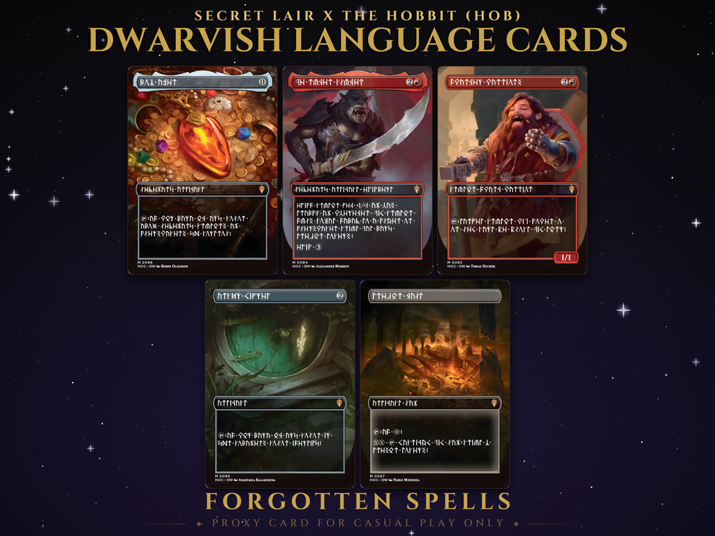 Secret Lair x The Hobbit Dwarvish Language Cards MTG proxy set, 5 cards in Angerthas runes