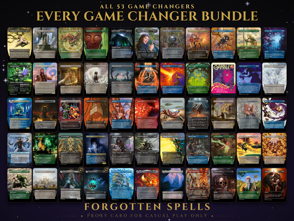 Every Game Changer Bundle MTG proxy set of all 53 Commander Game Changers cards in borderless art, including Rhystic Study, Gaea's Cradle, The One Ring, Force of Will, Mana Vault, Necropotence, Cyclonic Rift, Mishra's Workshop and Demonic Tutor