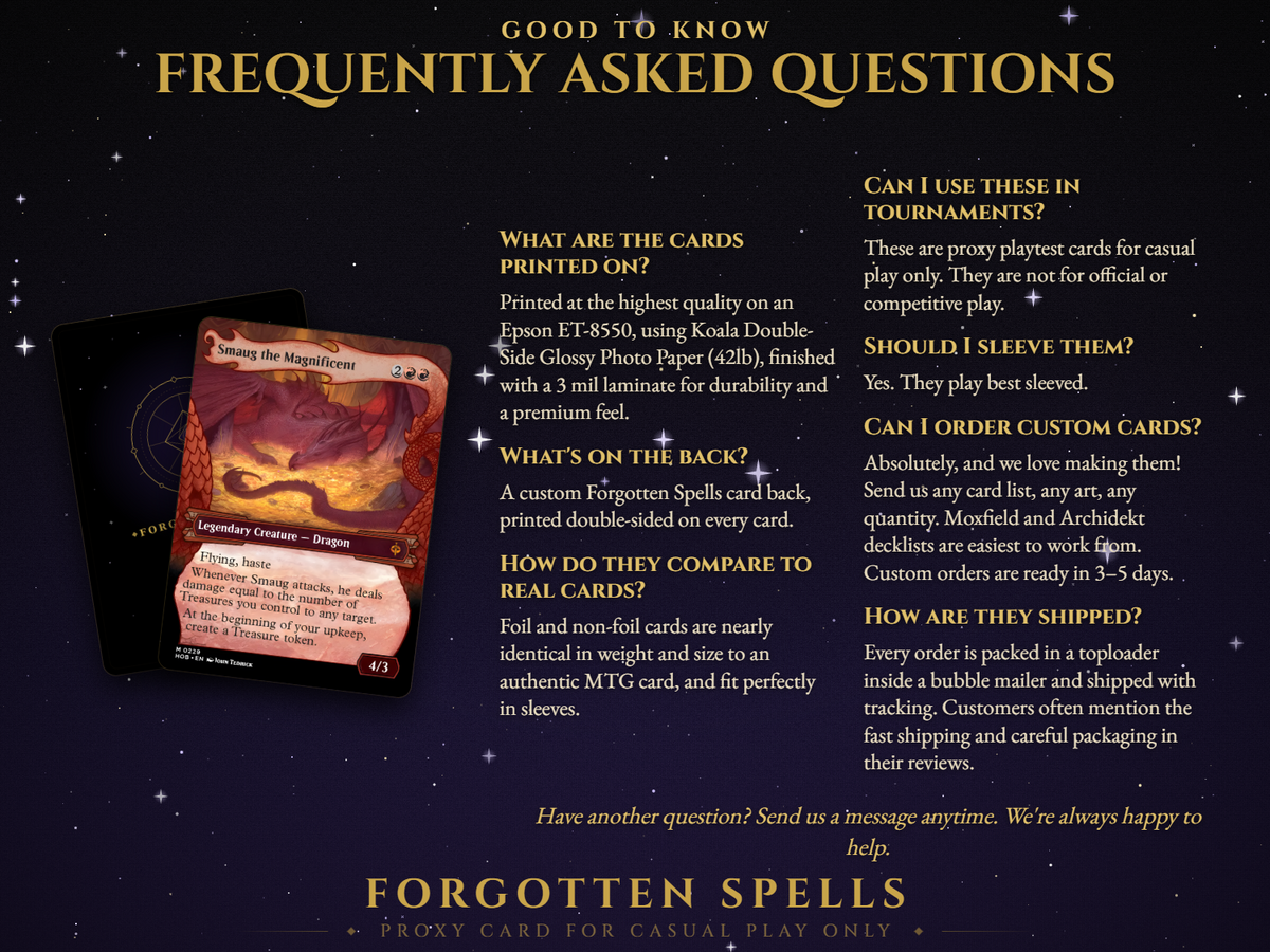 Forgotten Spells MTG proxy FAQ: glossy double-sided paper, 3 mil laminate, custom card back, casual play only, tracked shipping