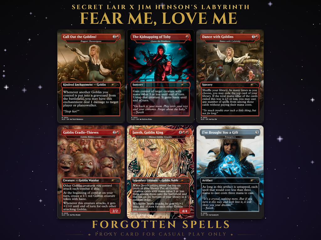 Secret Lair x Jim Henson's Labyrinth: Fear Me, Love Me, 7 MTG proxy cards including Goblin Rabblemaster and Trinisphere