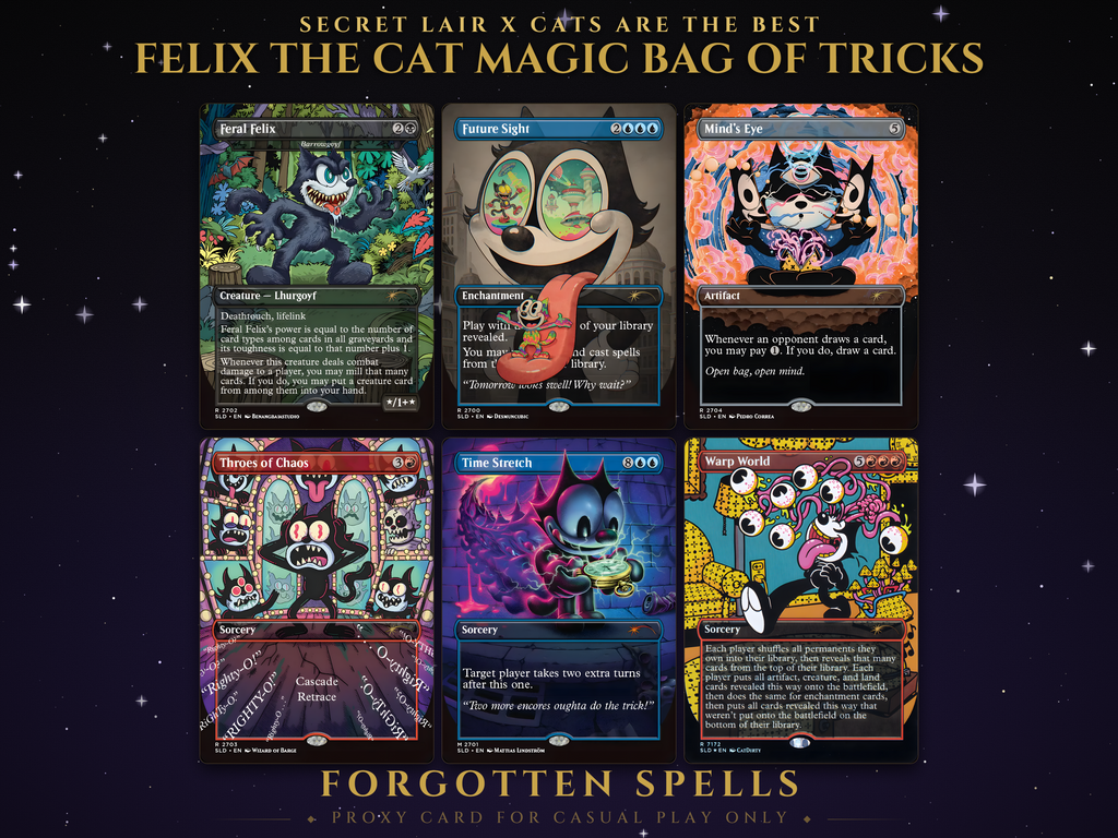 Secret Lair x Cats are the Best: Felix the Cat Magic Bag of Tricks MTG proxy set, 5 cards