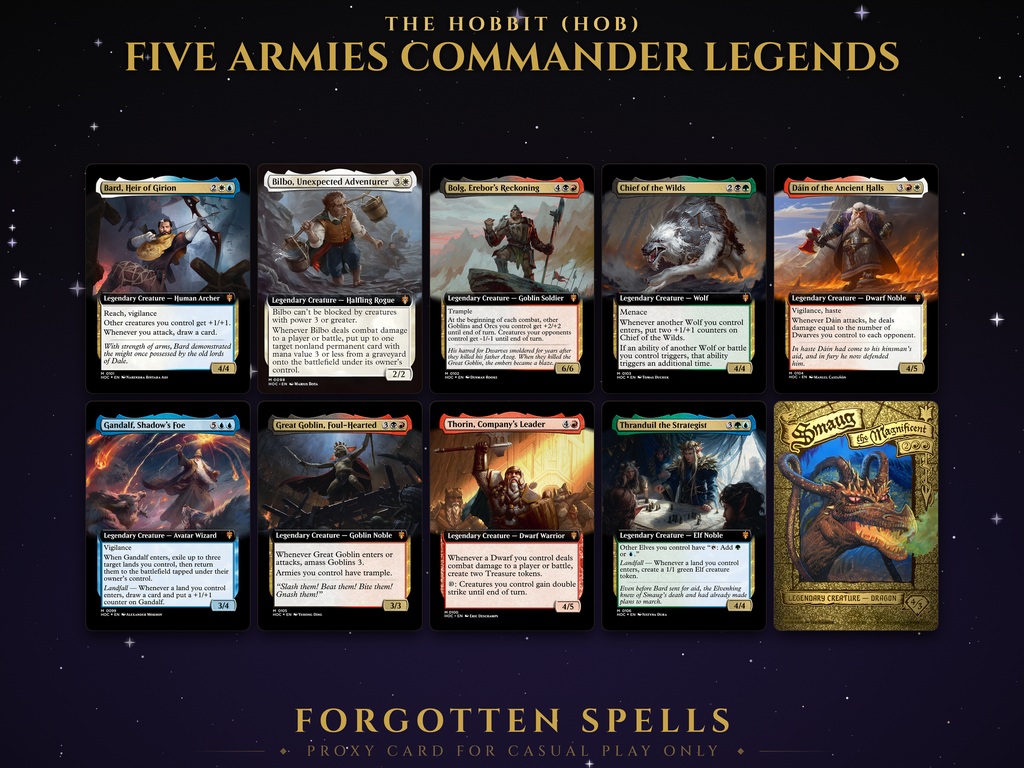 Secret Lair x The Hobbit Five Armies Commander Legends MTG proxy set, 10 extended art legendary cards