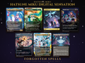 Secret Lair x Hatsune Miku Digital Sensation MTG proxy set of seven borderless cards: Miku Child of Song, Chord of Calling, Command Tower, Diabolic Tutor, Sol Ring, Song of Creation and Thespian's Stage, Vocaloid anime art