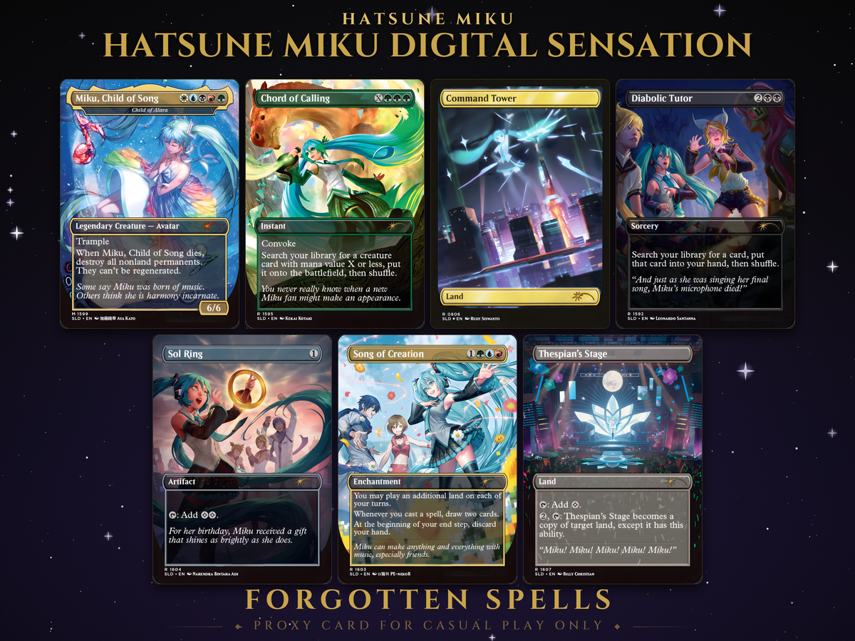 Secret Lair x Hatsune Miku Digital Sensation MTG proxy set of seven borderless cards: Miku Child of Song, Chord of Calling, Command Tower, Diabolic Tutor, Sol Ring, Song of Creation and Thespian's Stage, Vocaloid anime art