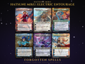 Secret Lair x Hatsune Miku Electric Entourage MTG proxy set of six borderless planeswalker cards: Meiko Explosive Entertainer, Miku Divine Diva, Miku Voice of Power, Kaito Mysterious Maestro, Luka the Traveling Sound and Len and Rin Harmony Incarnate, Vocaloid anime art