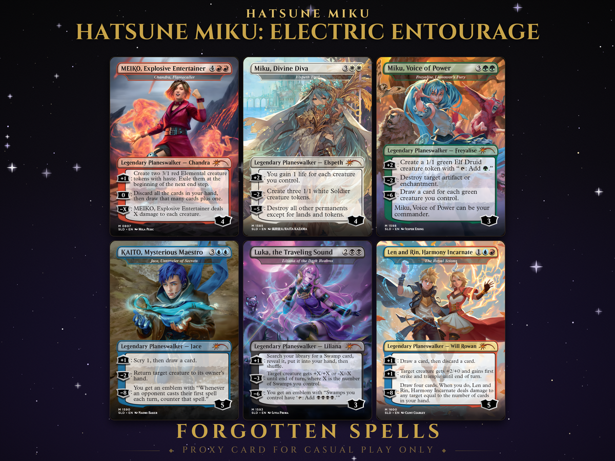 Secret Lair x Hatsune Miku Electric Entourage MTG proxy set of six borderless planeswalker cards: Meiko Explosive Entertainer, Miku Divine Diva, Miku Voice of Power, Kaito Mysterious Maestro, Luka the Traveling Sound and Len and Rin Harmony Incarnate, Vocaloid anime art