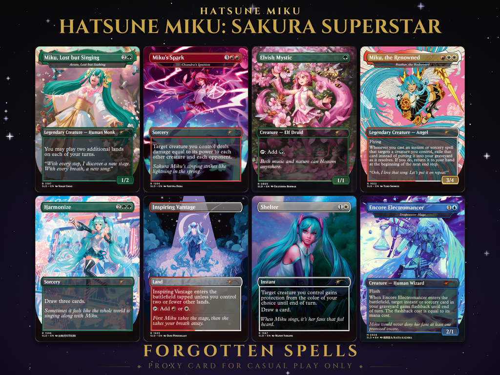 Secret Lair x Hatsune Miku Sakura Superstar MTG proxy set of eight borderless cards: Miku Lost but Singing, Miku's Spark, Elvish Mystic, Miku the Renowned, Harmonize, Inspiring Vantage, Shelter and Encore Electromancer, cherry blossom Vocaloid art