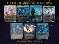 Secret Lair x Hatsune Miku Winter Diva MTG proxy set of seven borderless cards: Beloved Princess, Miku Queen Electric, Counterspell, Miku Font of Pop, Scrying Sheets, Swan Song and Youthful Valkyrie, snowy Vocaloid anime art