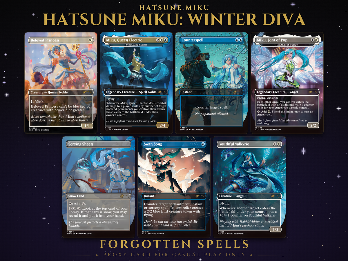 Secret Lair x Hatsune Miku Winter Diva MTG proxy set of seven borderless cards: Beloved Princess, Miku Queen Electric, Counterspell, Miku Font of Pop, Scrying Sheets, Swan Song and Youthful Valkyrie, snowy Vocaloid anime art