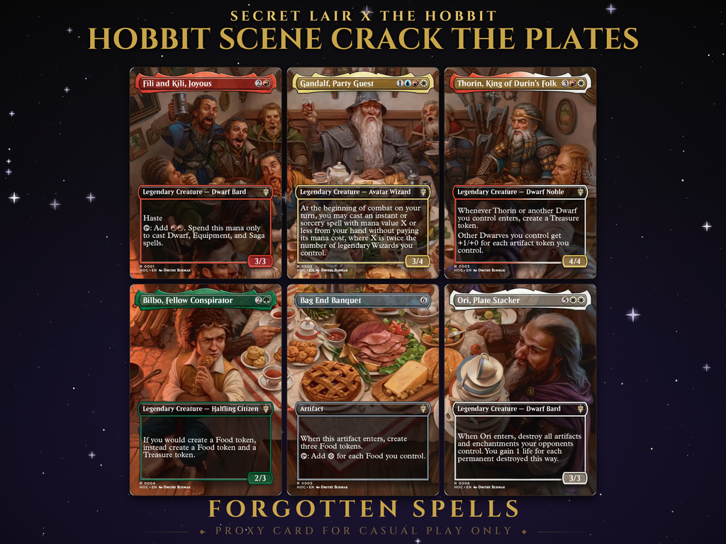 Secret Lair x The Hobbit Scene Crack the Plates MTG proxy set, 6 cards