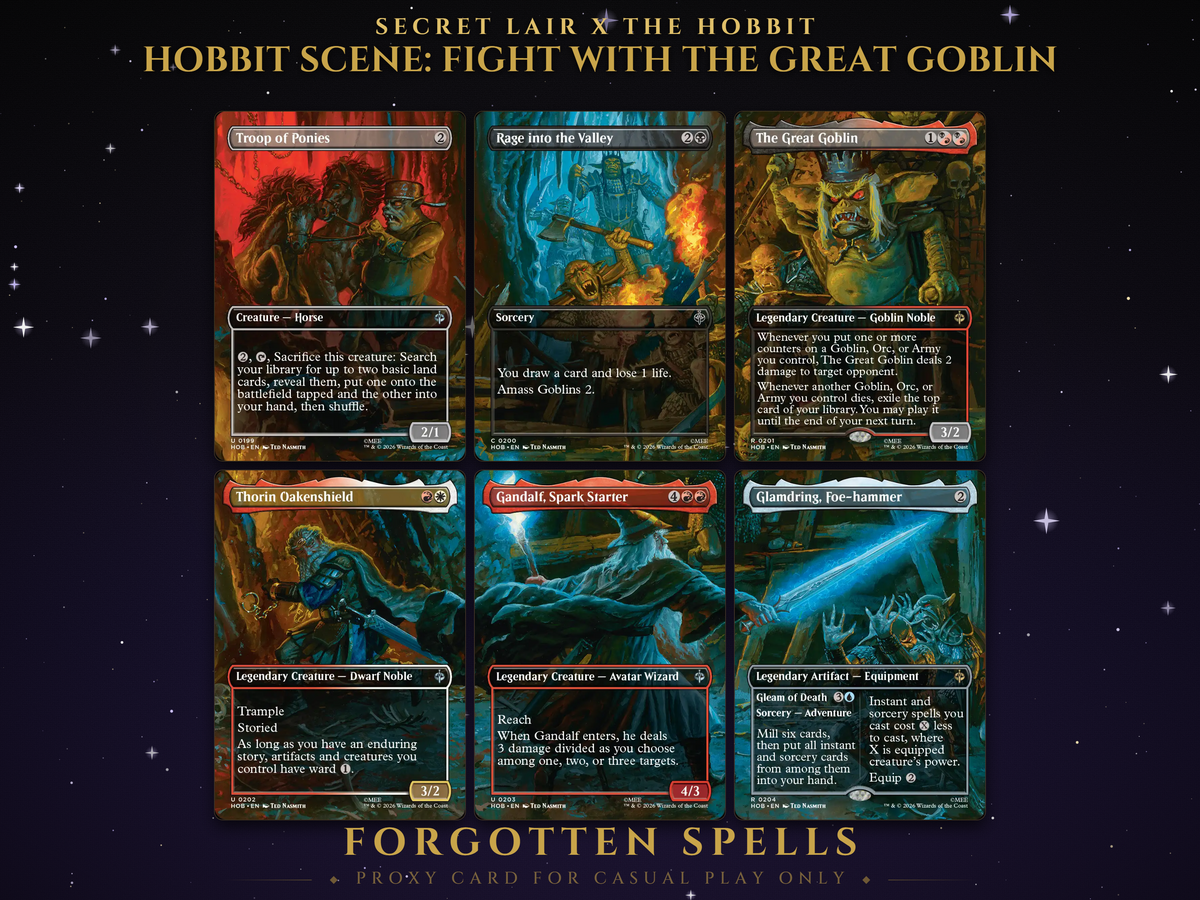 Secret Lair x The Hobbit Scene Fight with the Great Goblin MTG proxy set, 6 cards