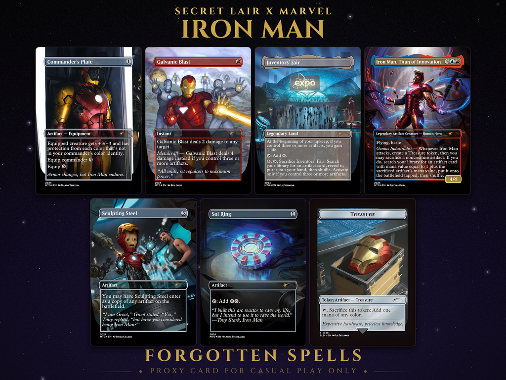 Secret Lair x Marvel: Iron Man MTG proxy set, 8 cards