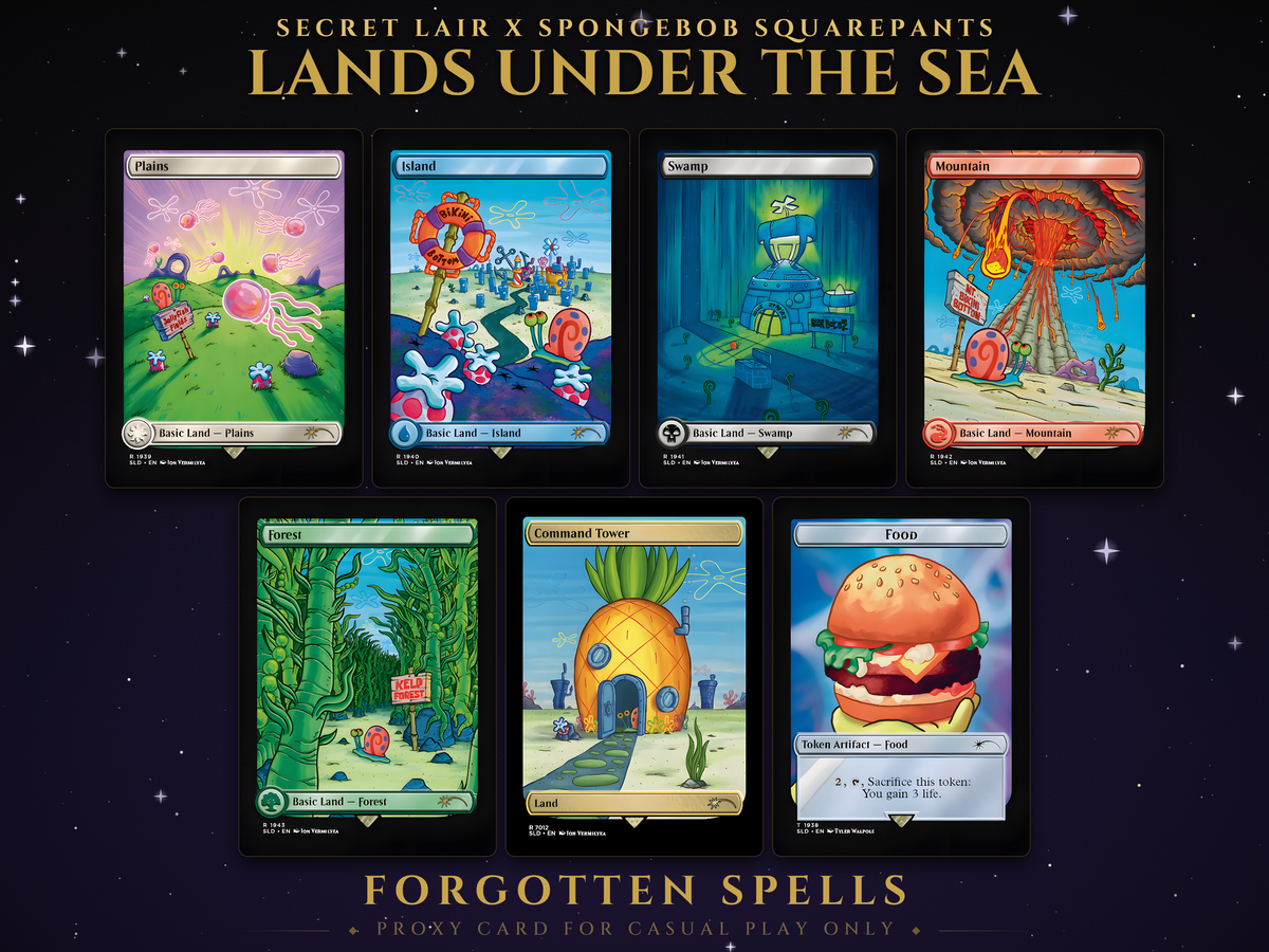 Secret Lair x SpongeBob Lands Under the Sea MTG proxy land set, 7 cards