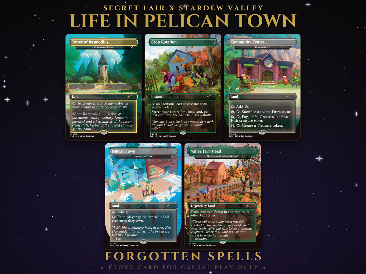 Secret Lair x Stardew Valley Life in Pelican Town MTG proxy set, 5 painted land and ramp cards
