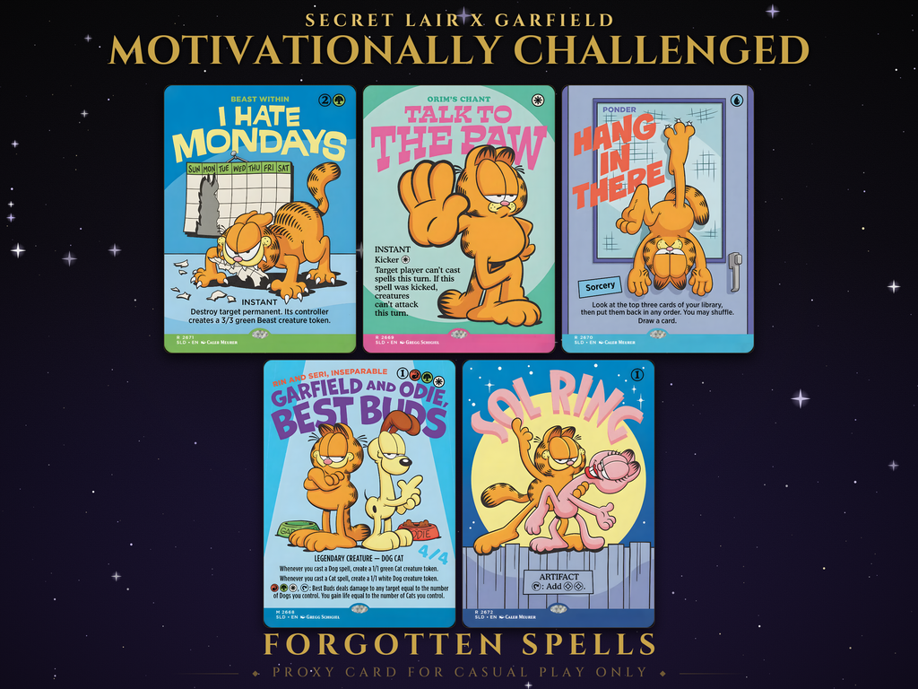 Secret Lair x Garfield: Garfield Motivationally Challenged MTG proxy set, 5 cards