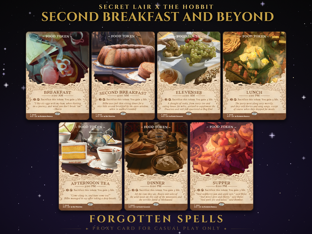 Secret Lair x The Hobbit Second Breakfast and Beyond MTG proxy set, 7 Food token cards