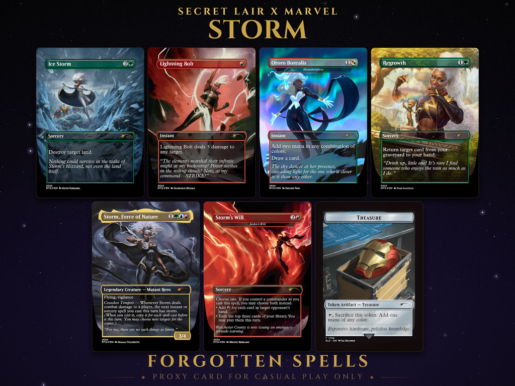 Secret Lair x Marvel: Storm MTG proxy set, 8 cards