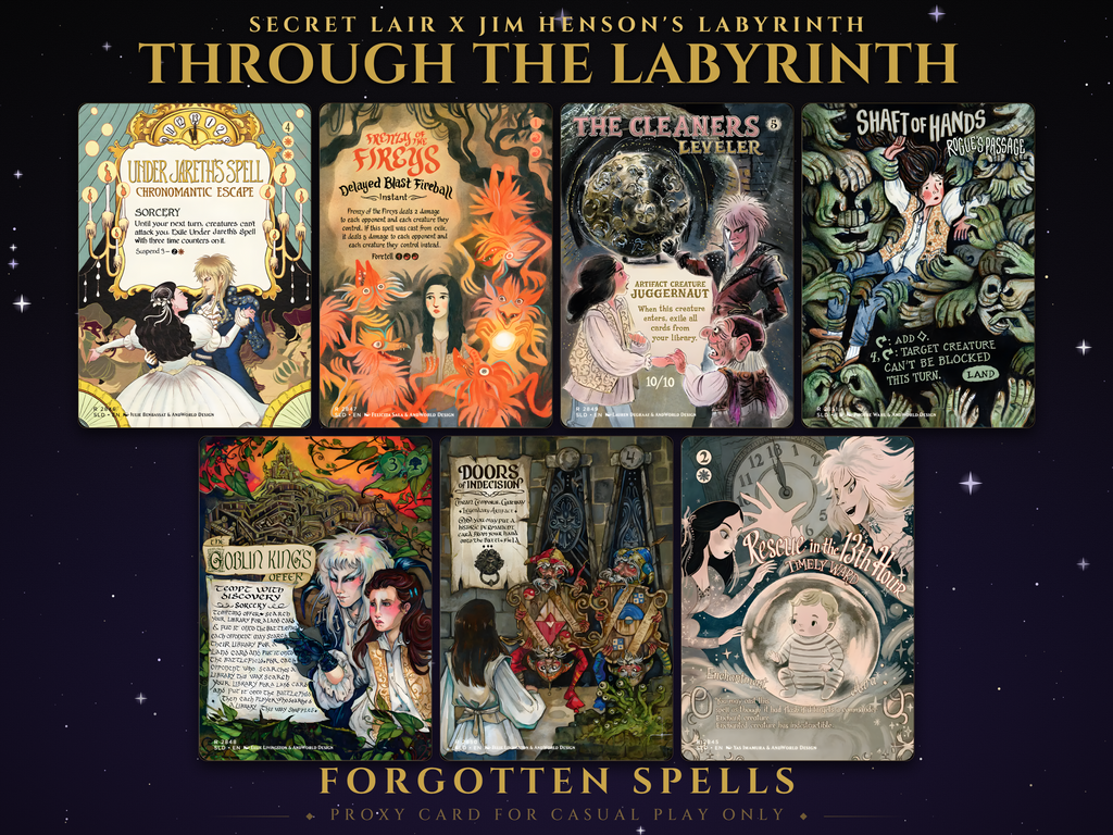 Secret Lair x Jim Henson's Labyrinth: Through the Labyrinth, 8 MTG proxy cards including Tempt with Discovery and Maze of Ith