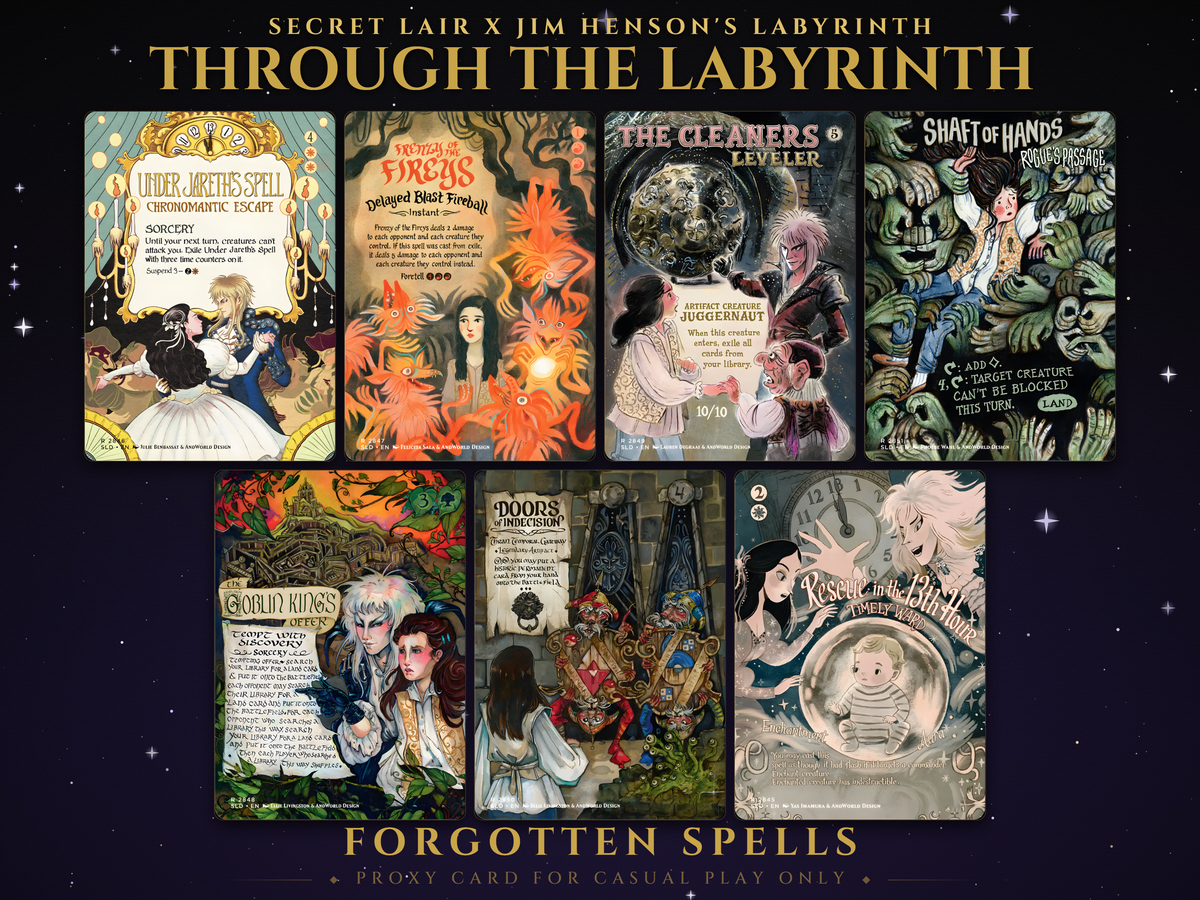 Secret Lair x Jim Henson's Labyrinth: Through the Labyrinth, 8 MTG proxy cards including Tempt with Discovery and Maze of Ith