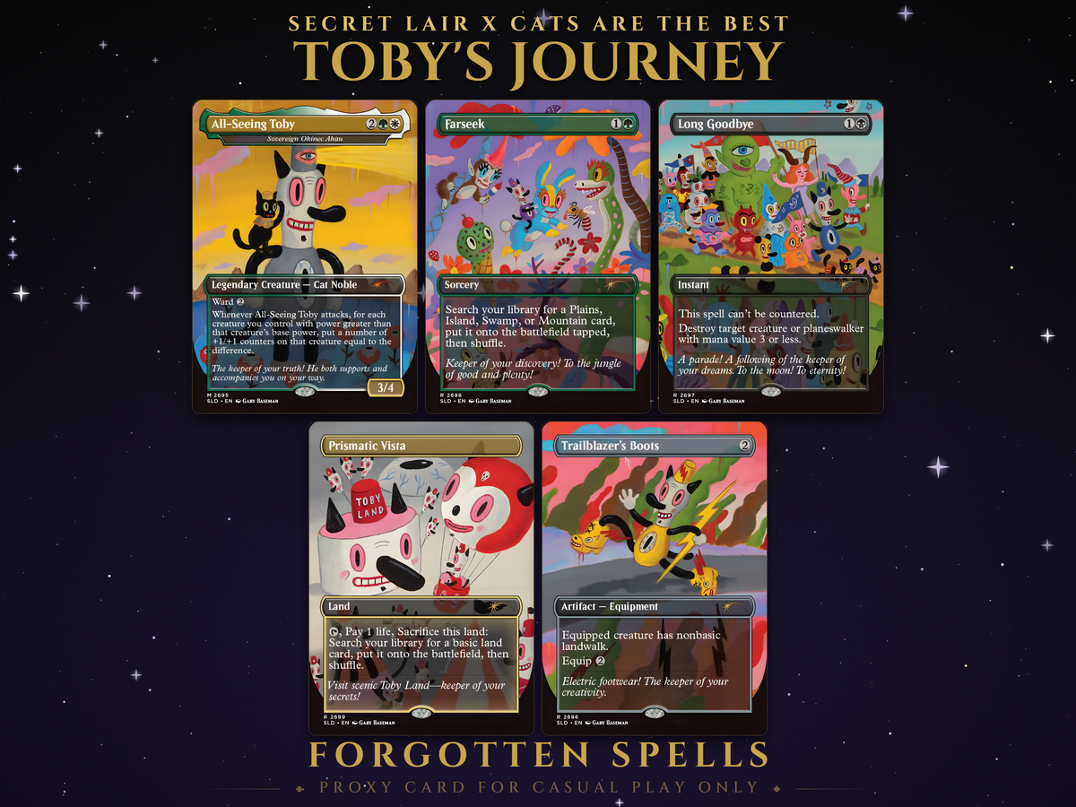 Secret Lair X Cats are the Best: Toby's Journey MTG proxy set, 5 cards